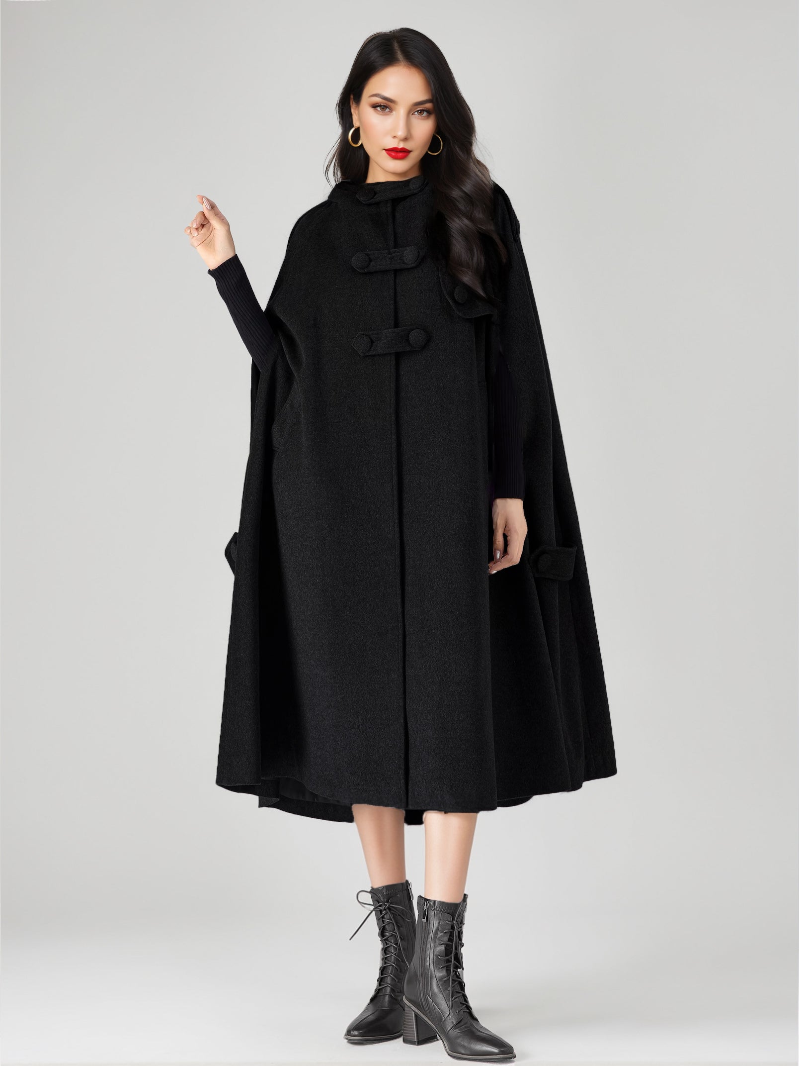 Wool Blend Cape Coat For Women Hooded Gray Oversized Long Poncho Outerwear 2026