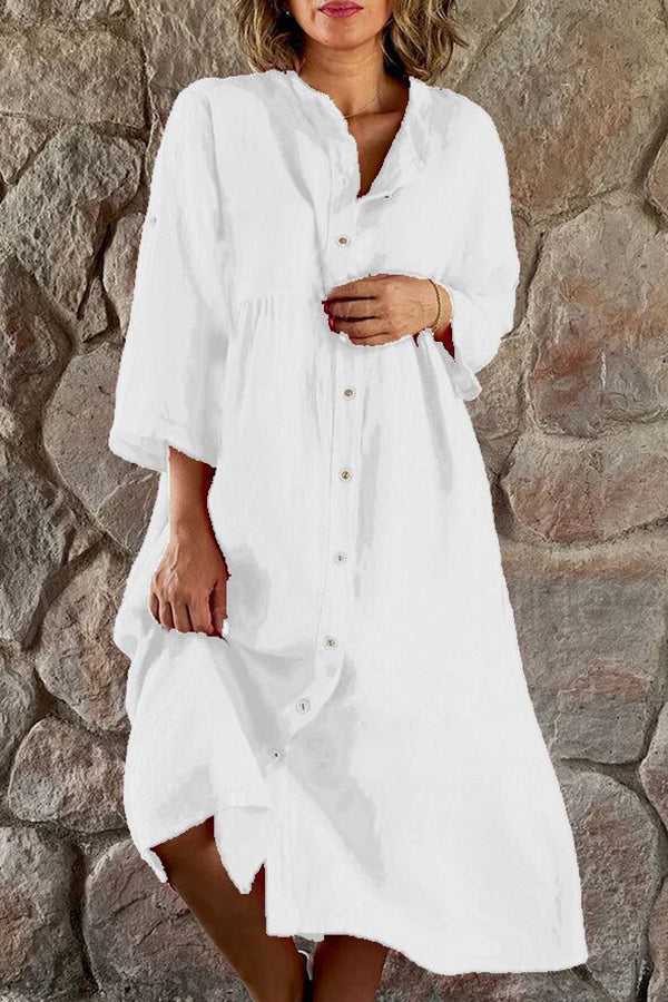 Cotton linen solid color casual stand collar button long dress