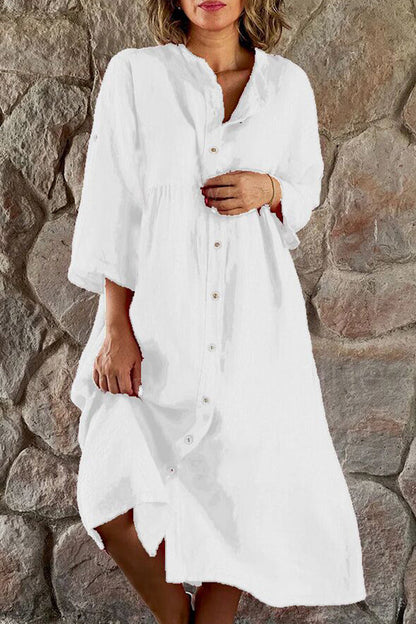 Cotton linen solid color casual stand collar button long dress
