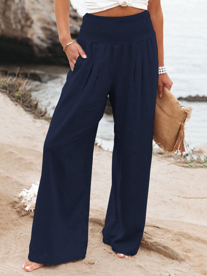 Khaki Linen Pants Wide Leg Elastic Waist Summer Trousers