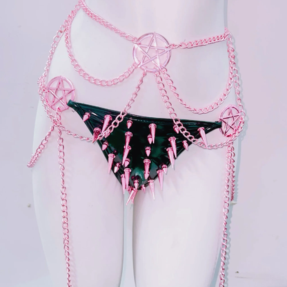 Metal chain rivet applique cross front pant set