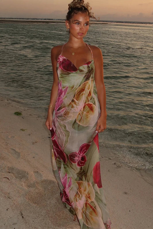 Polyester Printed Backless Cleavage Maxi Dress