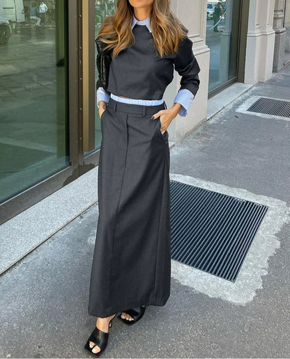 Gray Long Sleeve Crop Skirt Office Two Piece Set