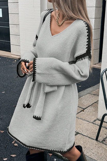 Stylish Loose-fitting Long-sleeved Tie-waist Knit Mini Dress