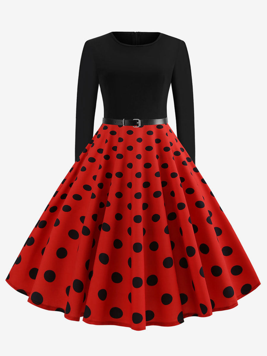 Vintage Polka Dot Swing Dress for Women - 1950s Rockabilly Long Sleeve Belted A-Line Midi Dress - Spring Retro Party 2026