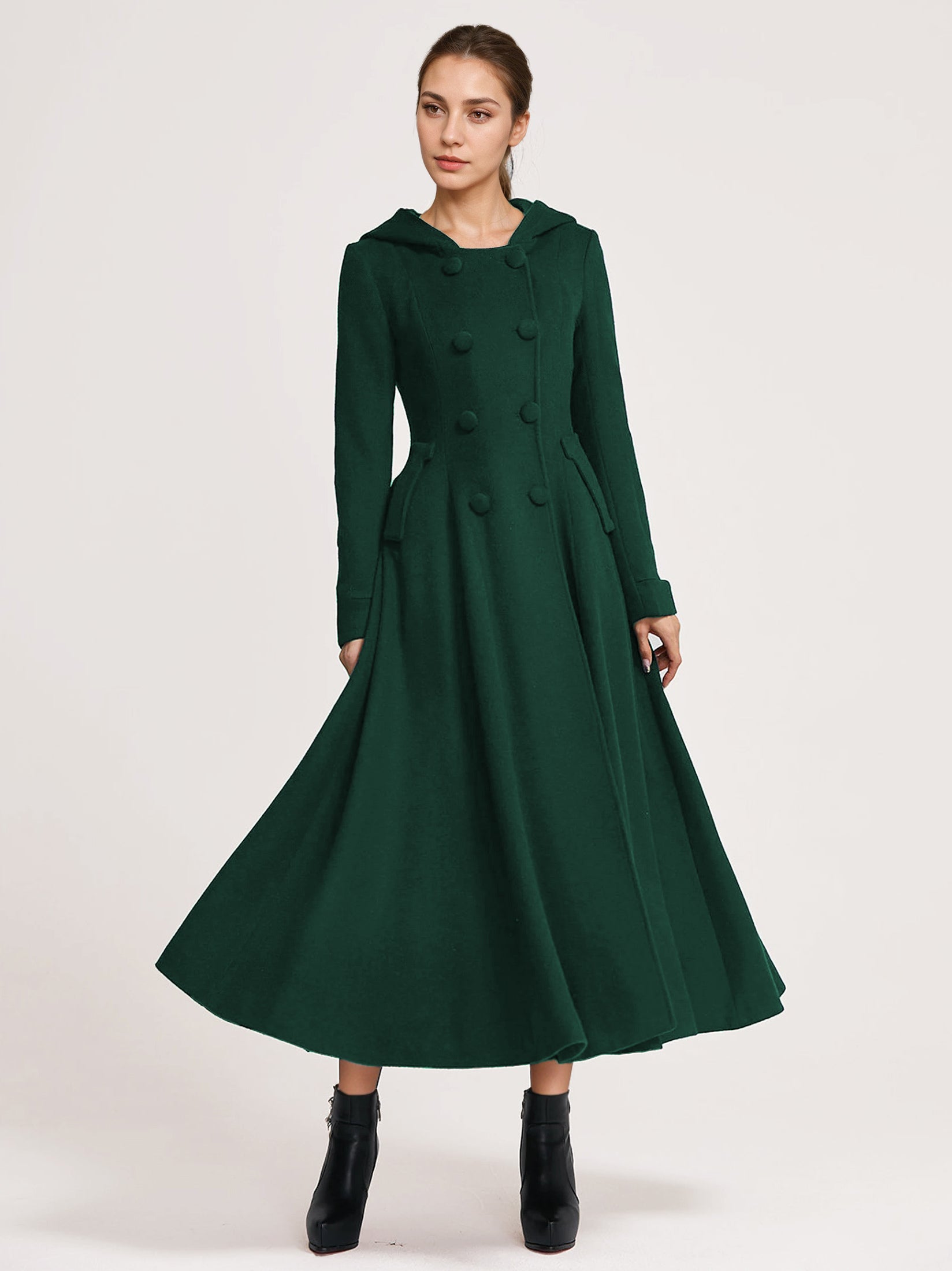 Woolen Flared Coat With Hood Dark Navy Double-breasted Elegant A-line Winter Long Outerwear For Women 2026