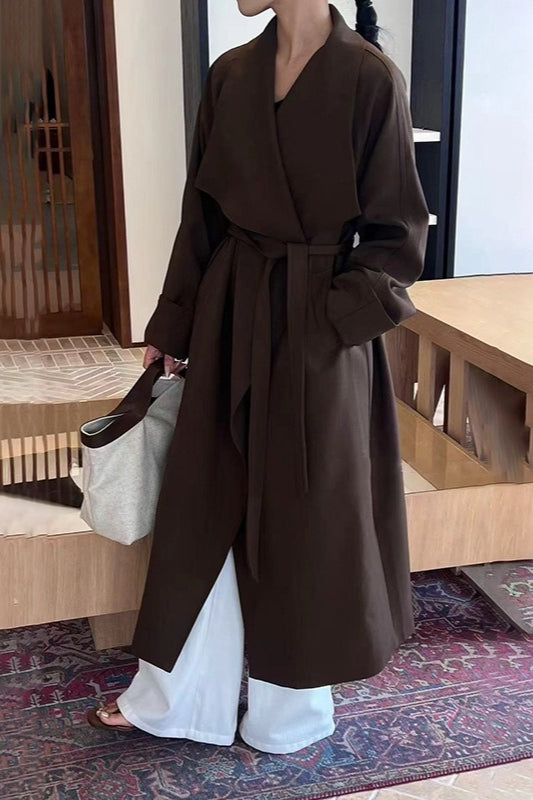 Korean Hepburn Lazy-Chic Belted Waist-Tie Long Overcoat