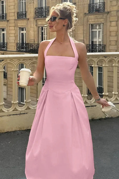 Halter Square Neck Pleated A-Line Waist Seam Midi Dress