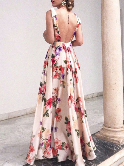 Floral Chiffon Backless Women Maxi Dress - Cream Boho Tie Shoulder A Line Sundress - Summer Beach Wedding Guest Party 2026