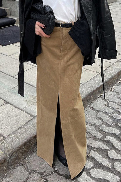 Vintage High-Waist Suede Maxi Skirt