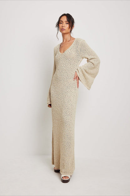 Boucle Knit Scoop Neck Bell Sleeve Bodycon Maxi Sweater Dress