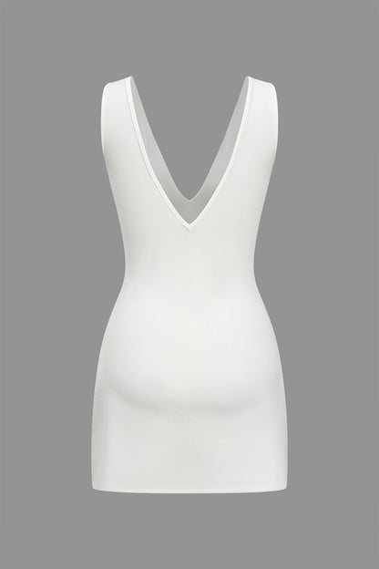 Solid V-neck Fake Pocket Mini Dress