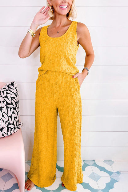 Yellow Crinkled U Neck Tank and Wide Leg Pants Set