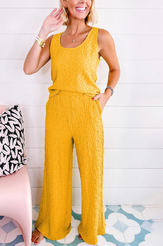 Yellow Crinkled U Neck Tank and Wide Leg Pants Set