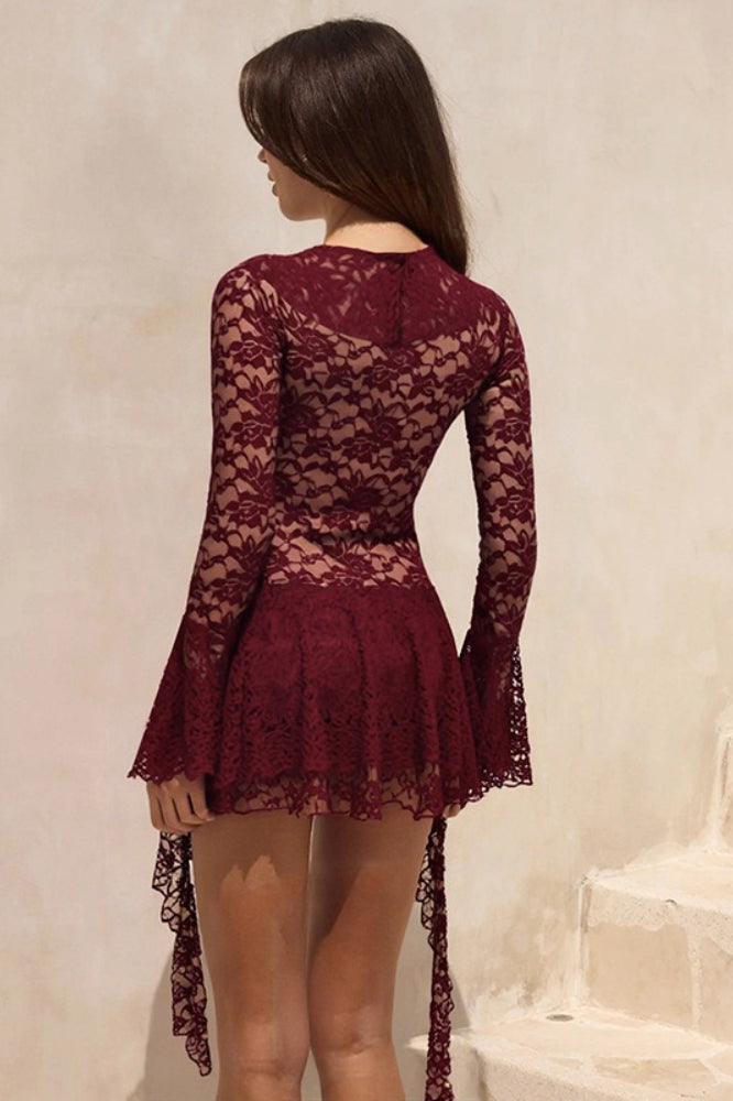 Lace Plunge V-Neck Tie Front Bell Sleeve Tiered Train Mini Dress
