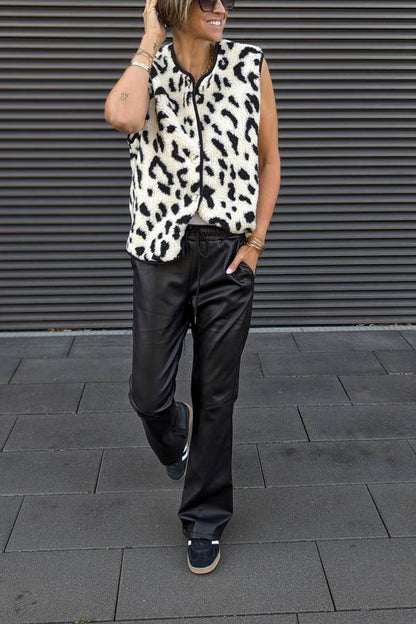 Women's Leopard Print Front Opening Casual Autumn and Winter Vest Jacket