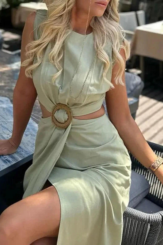 Ring Detail Waist Cutout Split Hem A-Line Midi Dress