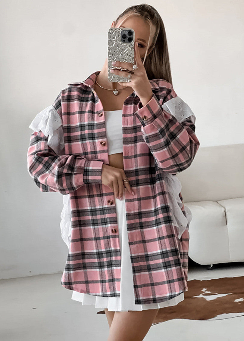 Ainsley Plaid Poplin Shirt - Pink Ruffle Accent Button-Up