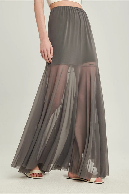 High Waist Tiered Mesh Insert Asymmetrical Skirt