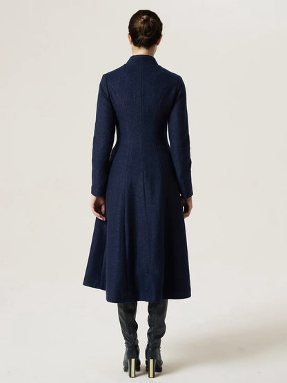 Woolen Flared Coat For Woman Stand Collar A-line Elegant Dark Navy Winter Midi Outerwear 2026