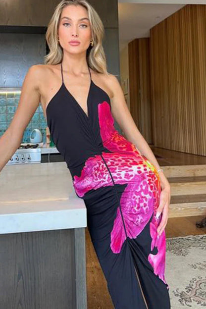 Sexy Halter V-neck Floral Print High Slit Bodycon Maxi Dress