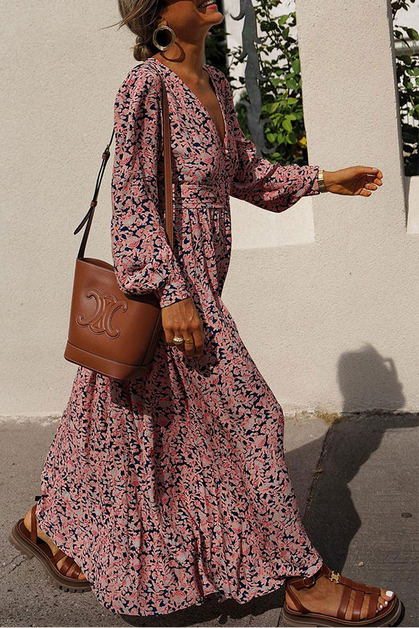 Multicolor Floral Print Buttoned Plunge Neckline Maxi Dress
