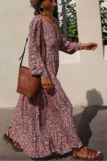 Multicolor Floral Print Buttoned Plunge Neckline Maxi Dress