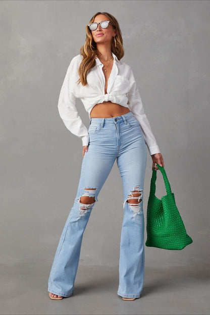 High Waist Ripped Flare Jean