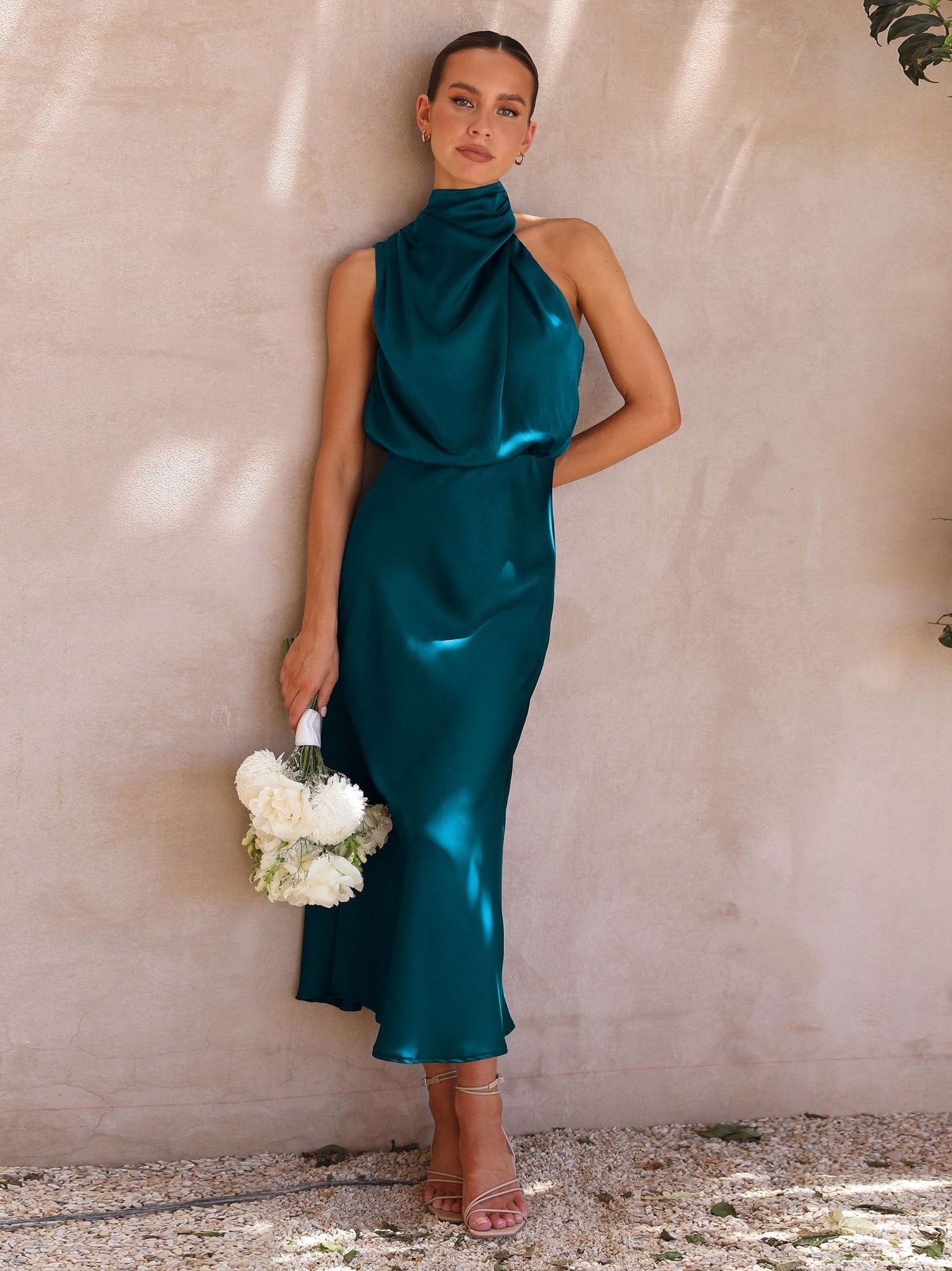 Stain Midi Party Dress Halter Sleeveless Bridesmaid Dress In Burgundy