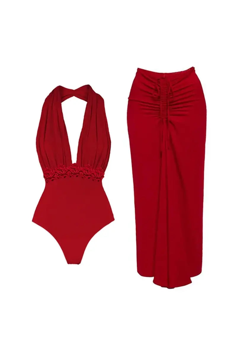 Deep V Halter Solid One Piece Swimsuit Set