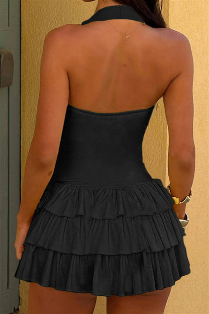 Halter Neck Corset Seam Tiered Ruffle Mini Dress