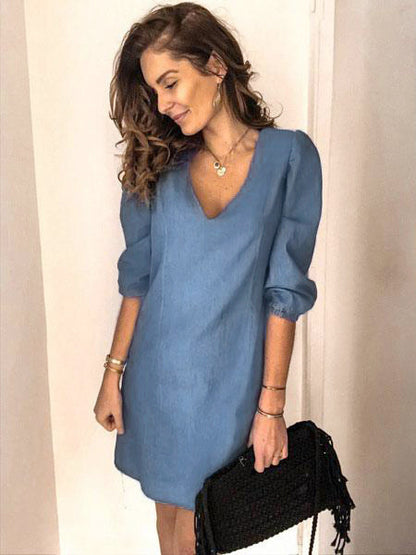 Midi Dress V-Neck Half Sleeves Simple Light Sky Blue Summer Dress