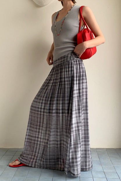 High-Waisted A-Line Mesh Plaid Maxi Skirt