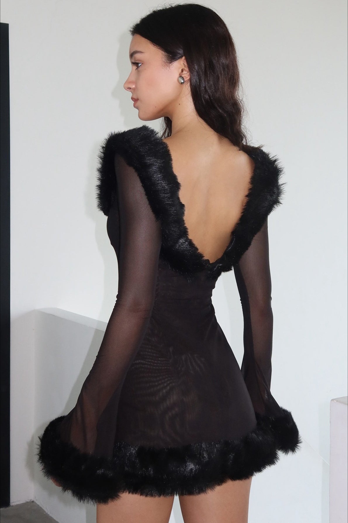 Scoop Neck Faux Fur Trim Sheer Mesh Long Sleeve Bodycon Mini Dress