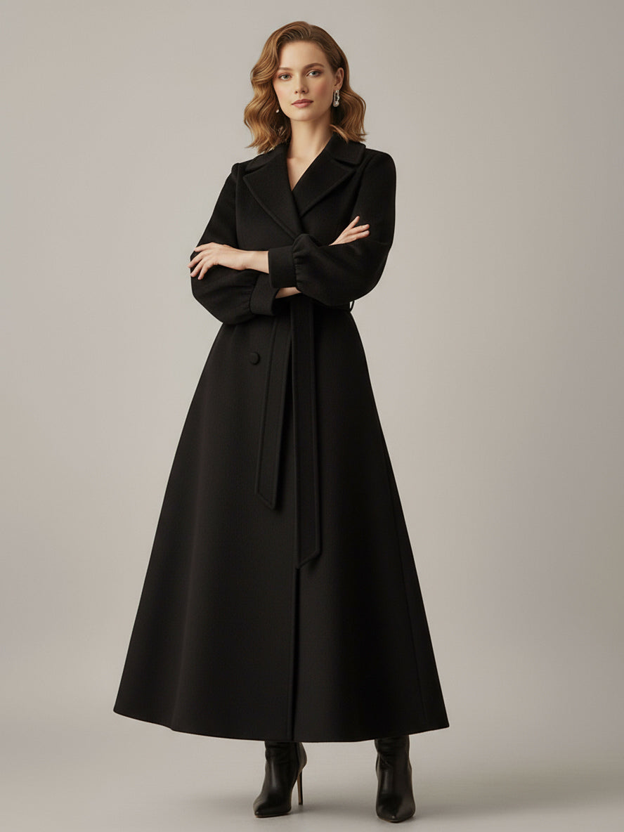 Belted Double-Breasted Woolen Full-Length Coat With Balloon Sleeves For Women 2026