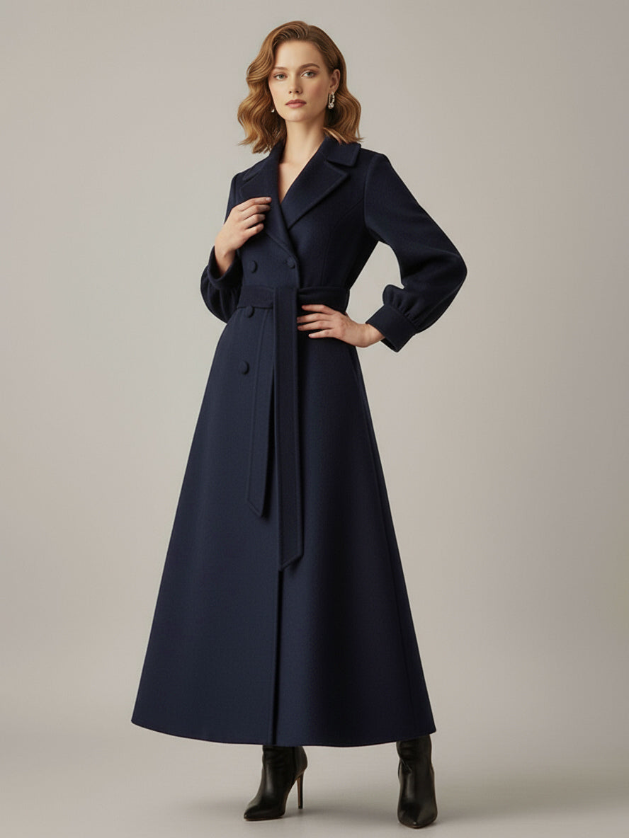 Belted Double-Breasted Woolen Full-Length Coat With Balloon Sleeves For Women 2026