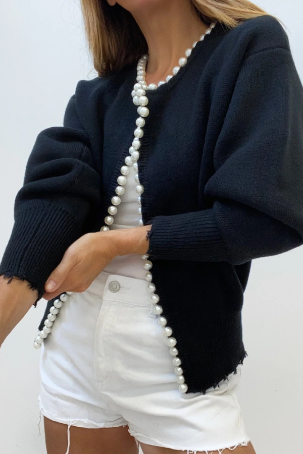 Pearl Trim Ripped Hem Cardigan