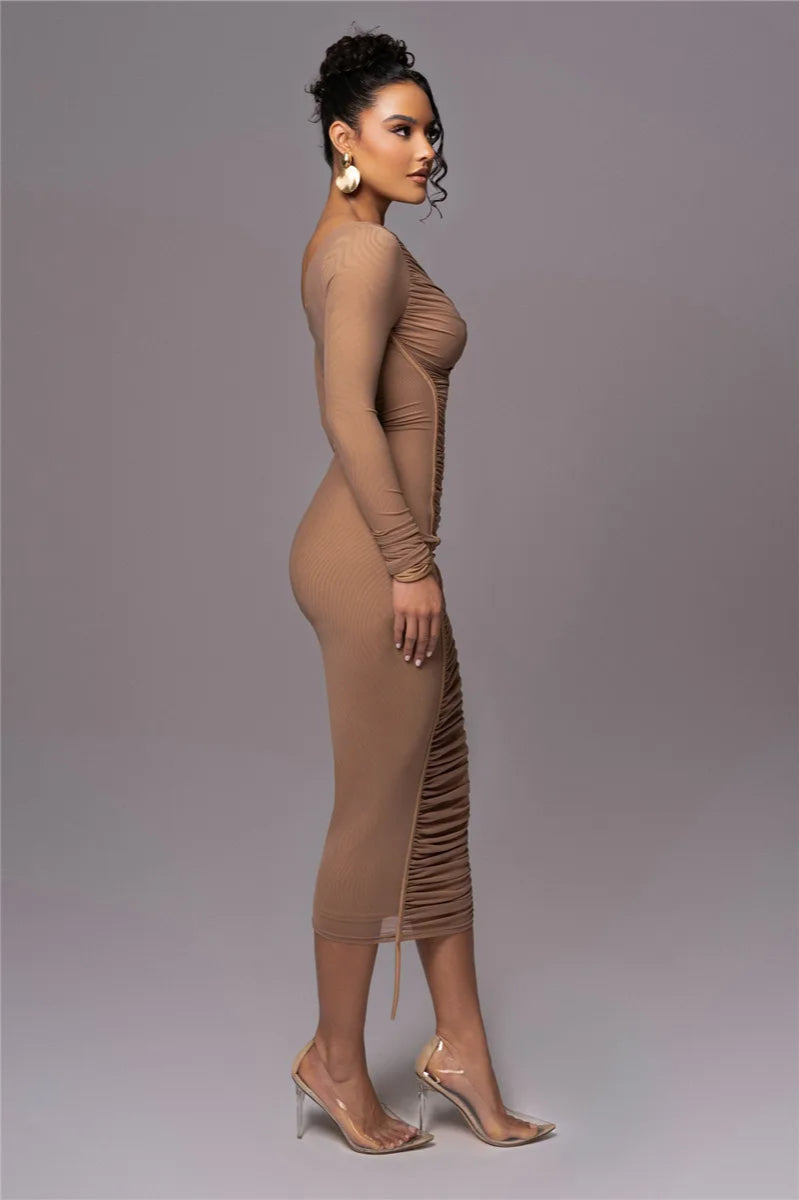 Asymmetric One-Shoulder Mesh Ruched Piping Drawstring Midi Dress