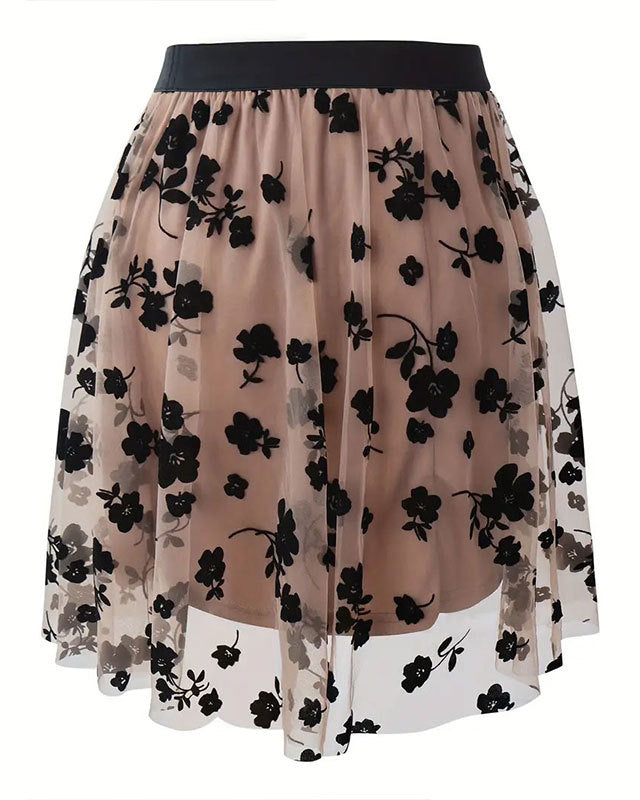 Flocked Mesh Flower A-Hem Short Skirt