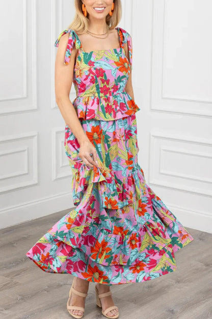 Multicolour Boho Floral Print Knot Strap Ruffle Layered Maxi Dress