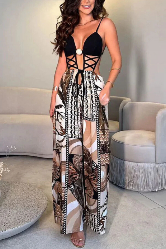 Strap Cross Design Patchwork Printed Elastic Waist Backless Jumpsuit