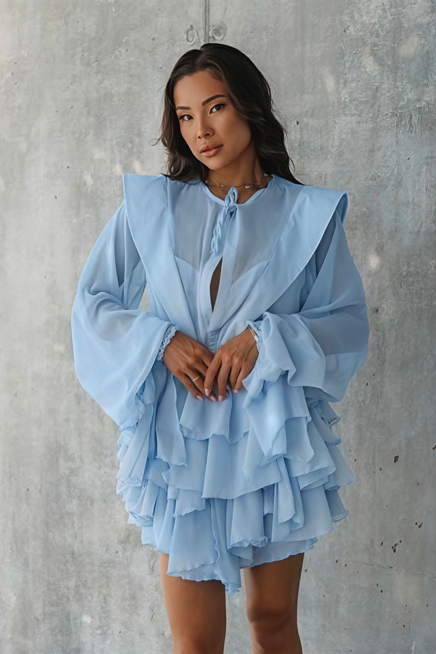 Tie Neck Sheer Mesh Bishop Sleeve Tiered Ruffle Mini Dress