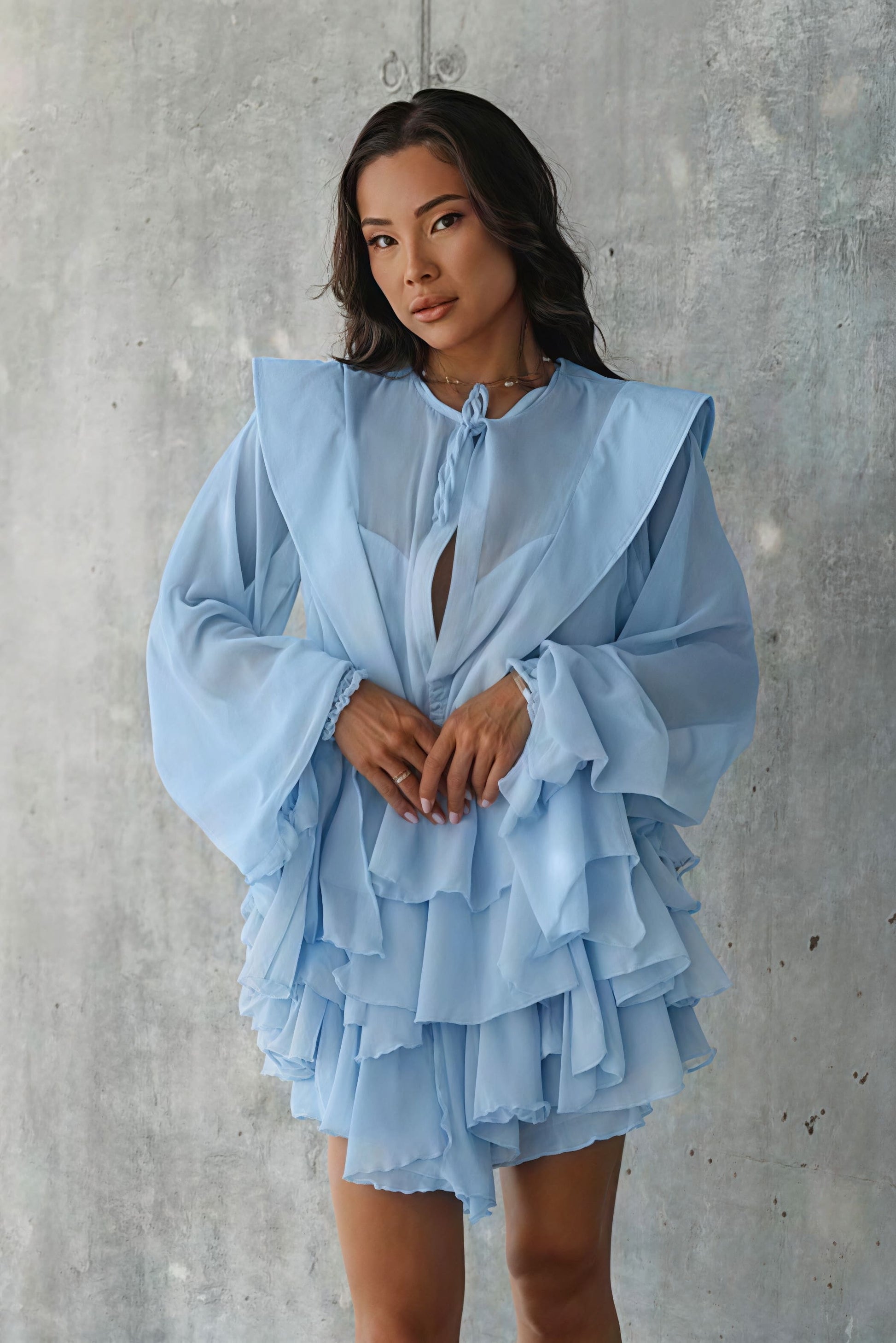 Tie Neck Sheer Mesh Bishop Sleeve Tiered Ruffle Mini Dress