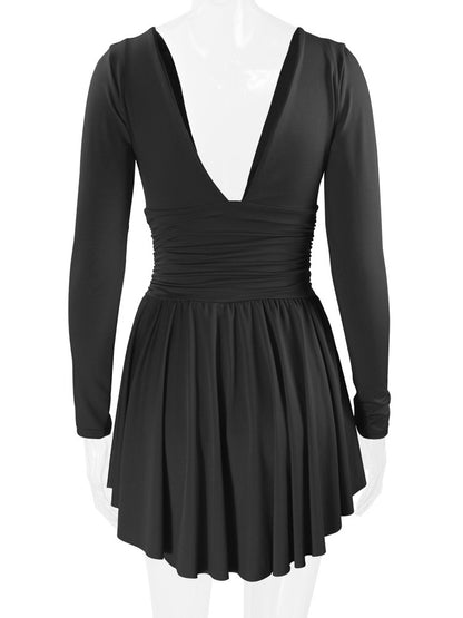 Fit And Flare Dress Plunge Long Sleeves Short Swing Dresses In Solid Color