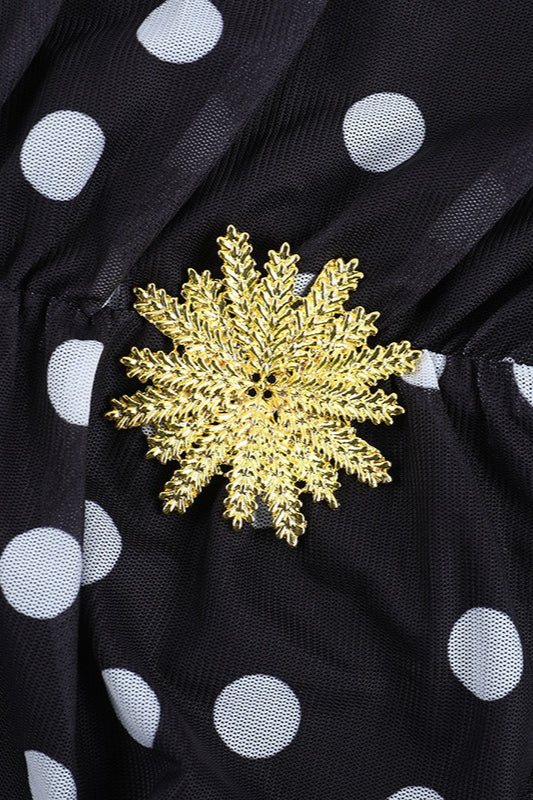 Polka Dot Halter Deep V-Neck Daisy Applique Ruffle Mini Dress