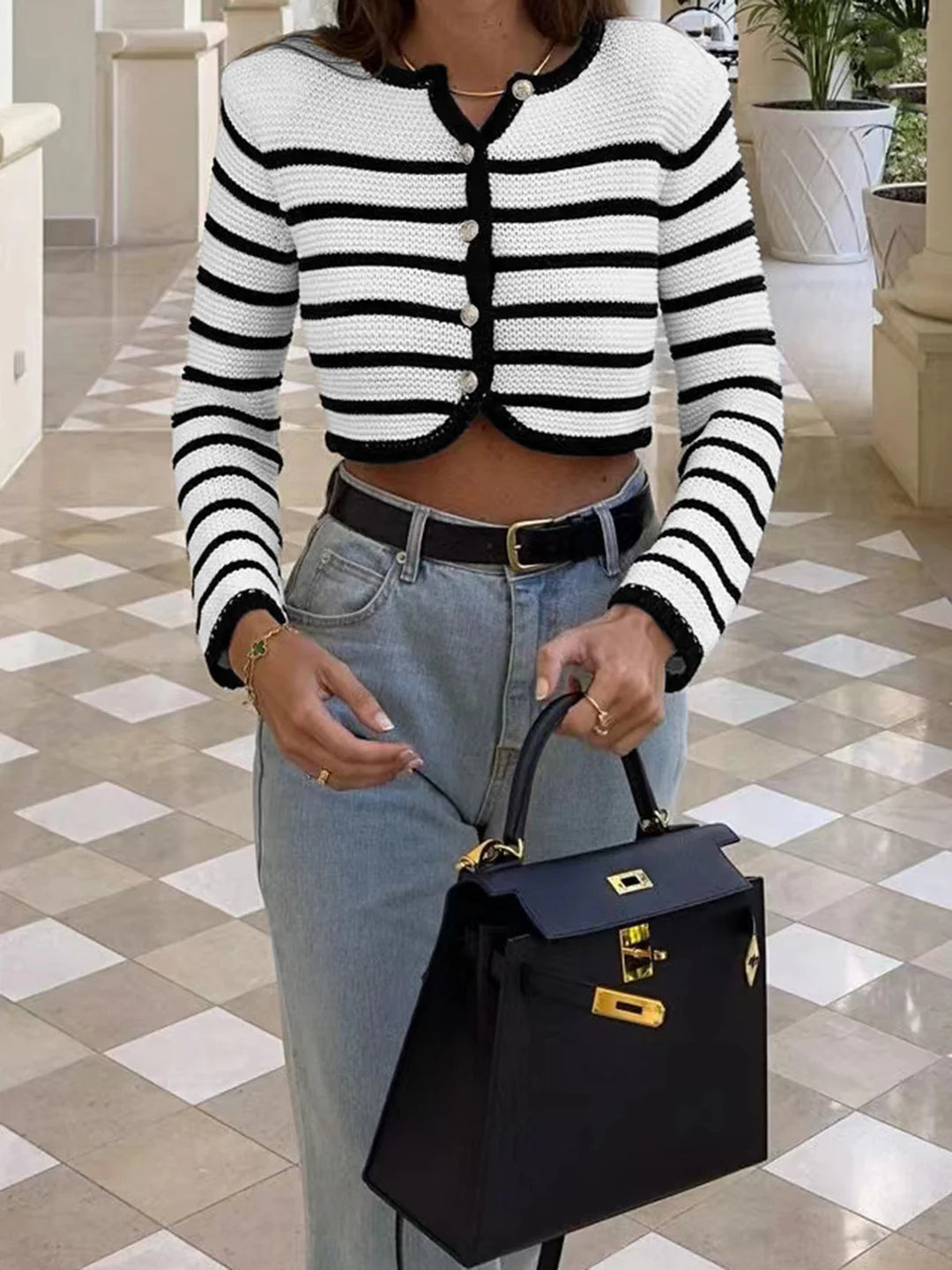 Round Neck Striped Buckle Cardigan