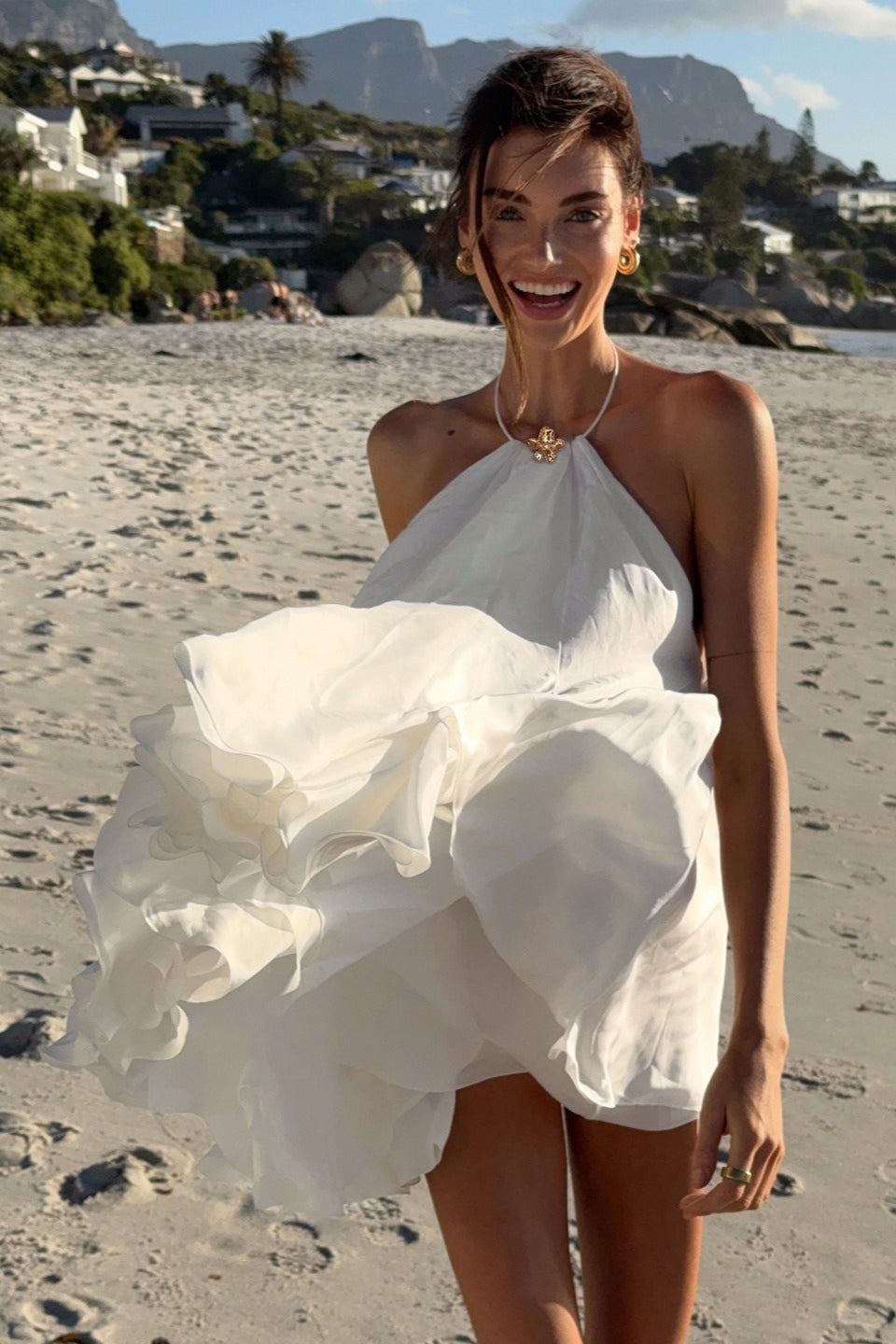 Halter Neck Metal Clasp Backless Tiered Ruffle Chiffon Mini Dress