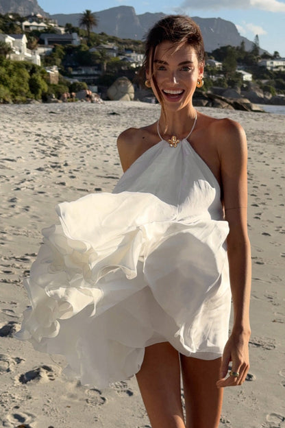Halter Neck Metal Clasp Backless Tiered Ruffle Chiffon Mini Dress