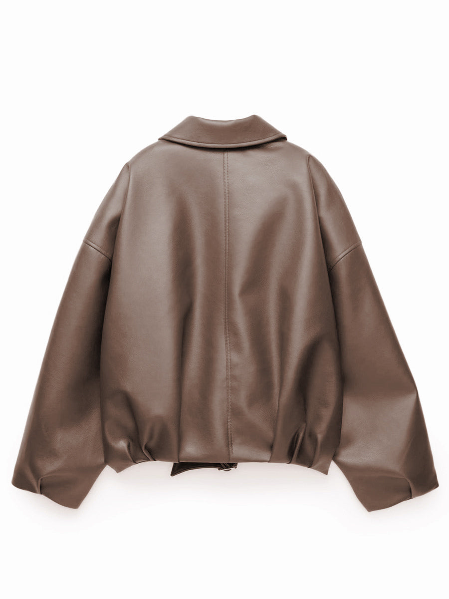 Oversized Faux Leather Bomber Jacket With Belt For Autumn 2026