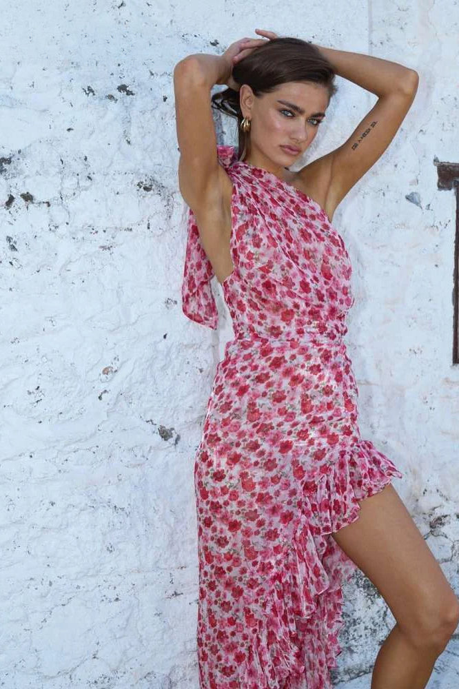 Floral Print One-Shoulder Ruffle High-Low Slit Midi Dress